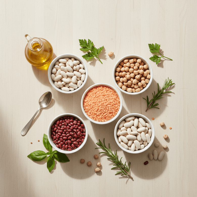 Các loại đậu ít biết: adzuki, đậu lăng đỏ, đậu gà, đậu trắng đặt trên bàn gỗ, kèm rau thơm và dầu ôliu.