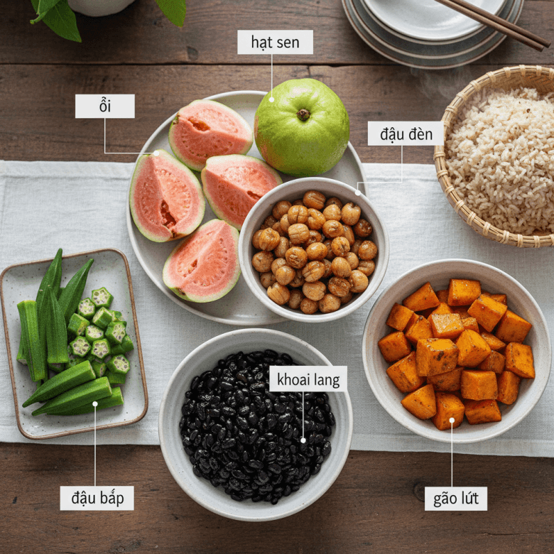 Các thực phẩm giàu chất xơ hòa tan ở Việt Nam: ổi, đậu đen, khoai lang, đậu bắp, gạo lứt