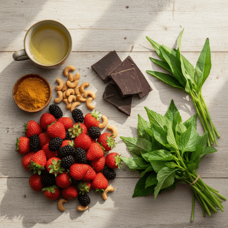 Một bàn ăn bày biện đẹp mắt với các loại thực phẩm giàu polyphenol phổ biến tại Việt Nam như trà xanh, dâu tây, nghệ, sô cô la đen, hạt điều và rau xanh.