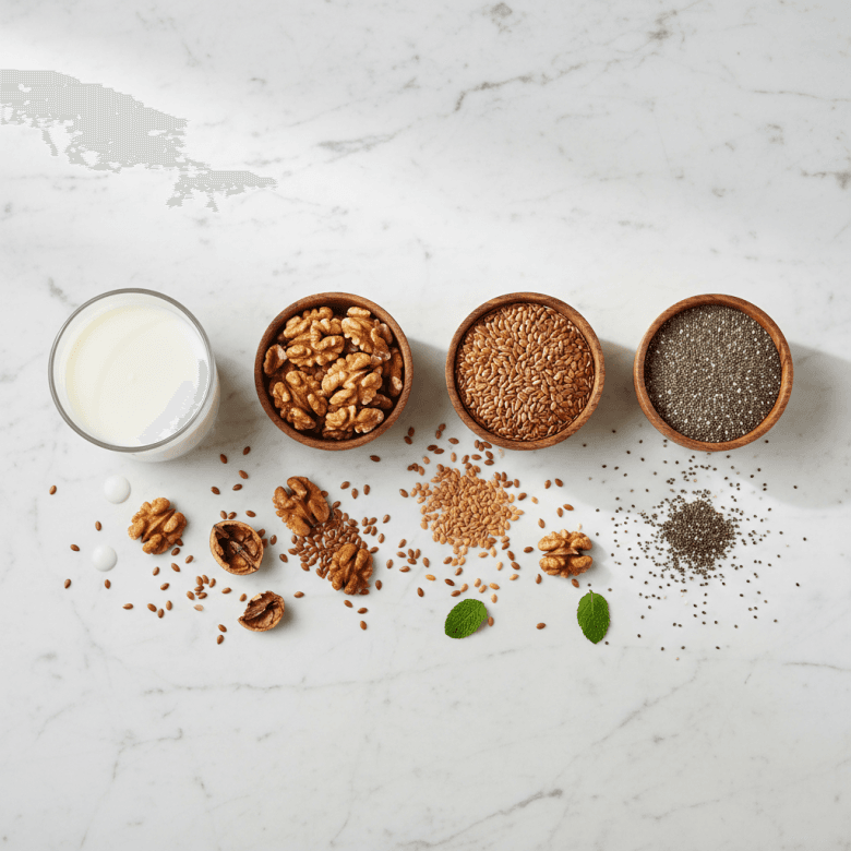 Hình ảnh sắp đặt nghệ thuật các loại hạt tốt cho tim mạch: quả óc chó, hạt lanh và hạt chia trong các bát gỗ nhỏ, bên cạnh là một ly sữa hạt, nền sáng sủa.