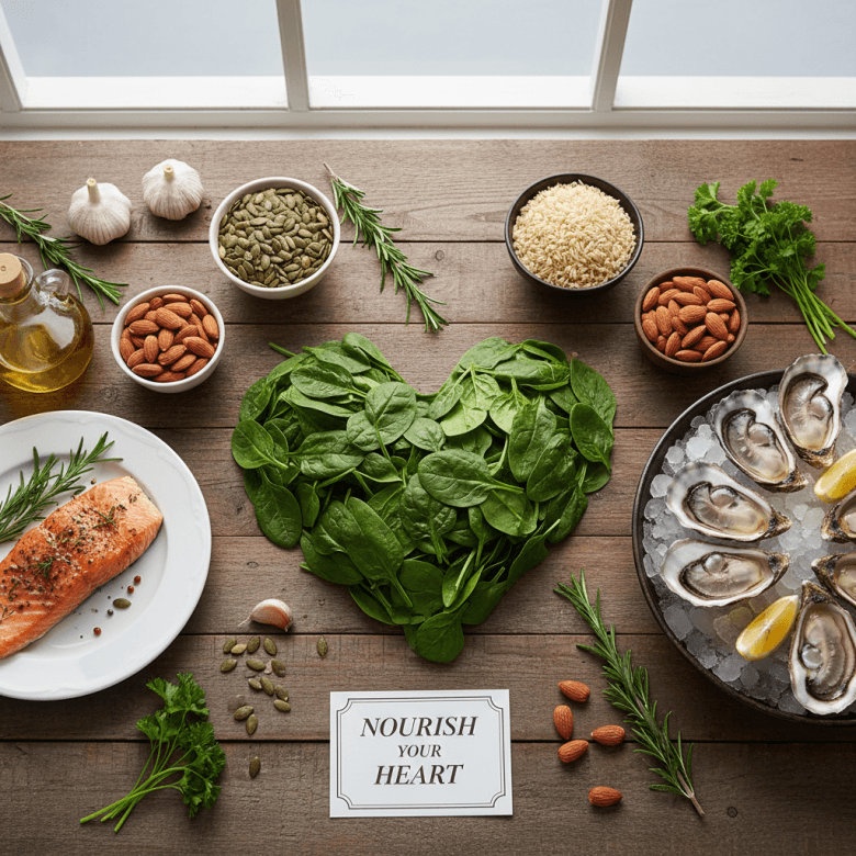 Các loại thực phẩm tự nhiên giàu magie và kẽm tốt cho tim mạch như rau xanh, hạt, cá hồi và hàu được sắp xếp đẹp mắt trên bàn gỗ