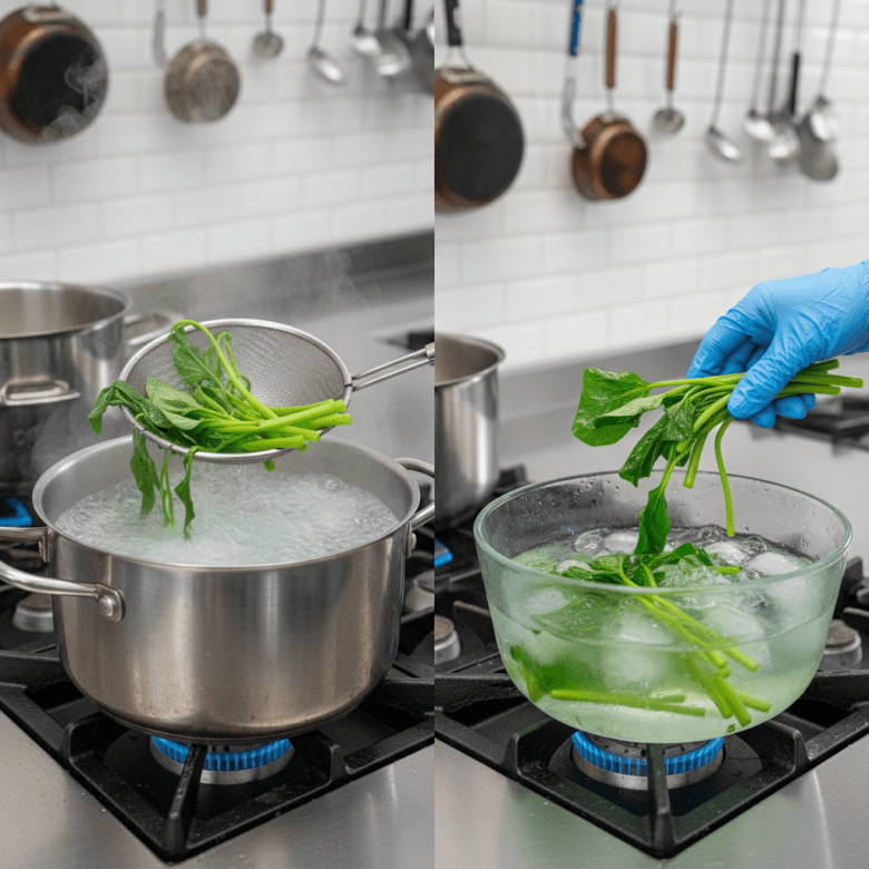 Quy trình sốc nhiệt cho rau: Một bên là nồi nước sôi già đang luộc rau, một bên là tô nước đá lạnh để ngâm rau, giúp rau giữ màu xanh ngọc bích.