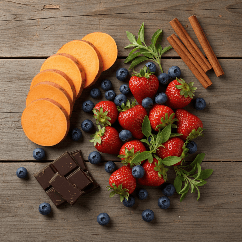 Sắp đặt nghệ thuật các loại thực phẩm thay thế đường: quả mọng, cỏ ngọt stevia, khoai lang, socola đen và quế trên bàn gỗ.