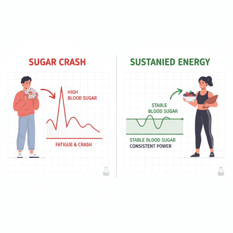 Biểu đồ minh họa sự khác biệt về năng lượng giữa việc ăn đường tinh luyện gây sụt giảm nhanh chóng và ăn thực phẩm lành mạnh giúp năng lượng ổn định.
