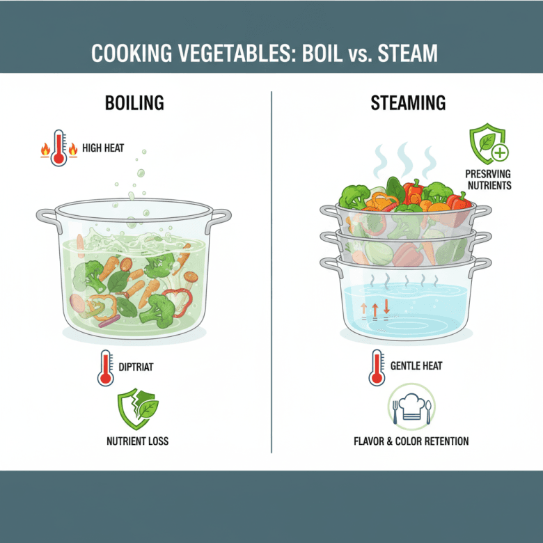 So sánh hình ảnh minh họa giữa phương pháp luộc và hấp rau củ, bên trái là nồi nước sôi ngập rau làm mất vitamin vào nước, bên phải là xửng hấp giữ lại màu xanh tươi và vitamin, phong cách y khoa giáo dục.