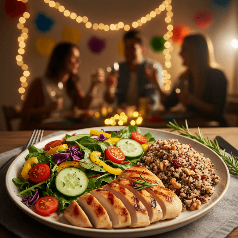Một đĩa thức ăn lành mạnh trên bàn tiệc với 50% là rau xanh, 25% thịt nạc và 25% tinh bột, xung quanh là không khí tiệc tùng vui vẻ.