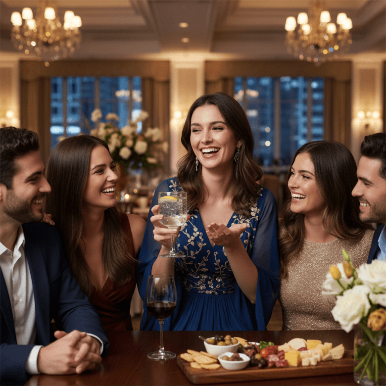 Người phụ nữ vui vẻ cầm ly nước lọc trò chuyện tại bữa tiệc, trên tay kia cầm nhẹ một ly rượu vang nhỏ, thể hiện sự kiểm soát chừng mực.