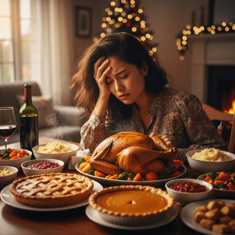 Người phụ nữ trẻ ngồi trước bàn ăn nhiều món ngon ngày Tết hoặc tiệc tùng, vẻ mặt lo lắng, tay ôm trán thể hiện sự hối hận và tự trách.