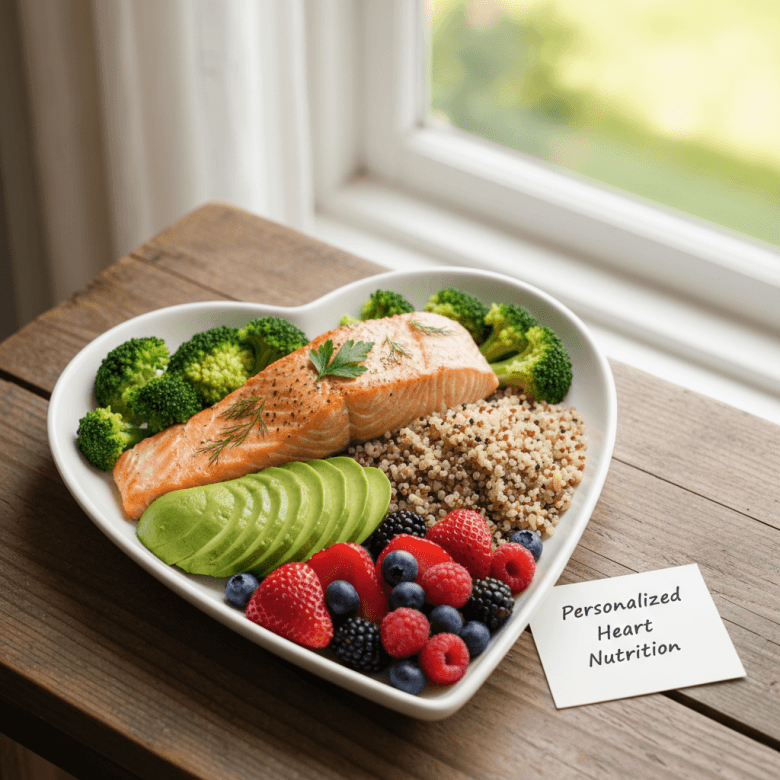 Một đĩa ăn cân bằng dinh dưỡng hình trái tim với nhiều rau xanh, cá hồi và ngũ cốc nguyên hạt, thể hiện sự đa dạng và màu sắc tươi sáng.