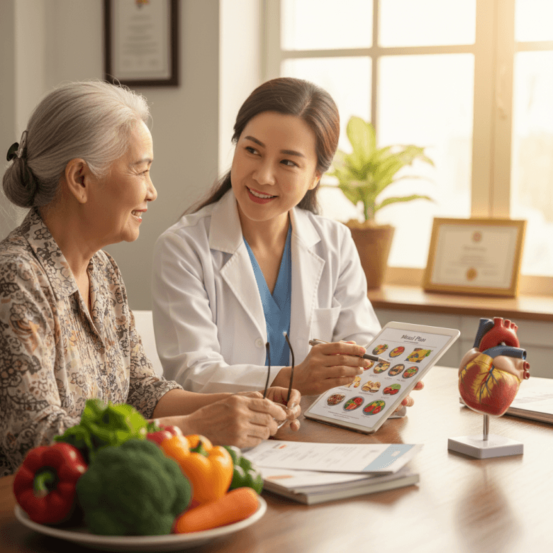 Bác sĩ ân cần tư vấn chế độ ăn uống cho bệnh nhân lớn tuổi, trên bàn có mô hình trái tim và các loại thực phẩm lành mạnh.