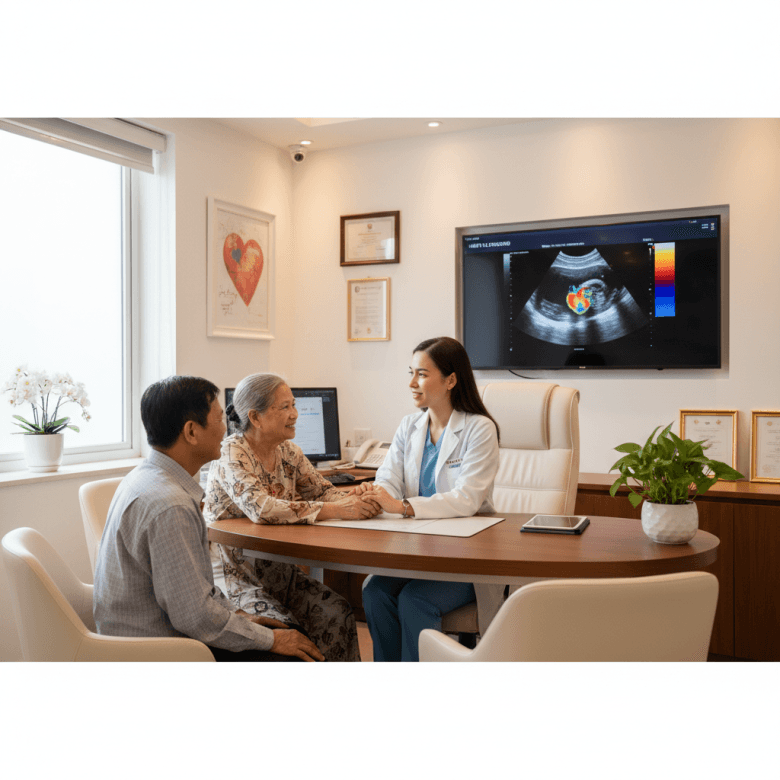 Bác sĩ tim mạch đang tư vấn và chỉ vào hình siêu âm cho cặp đôi người cao tuổi
