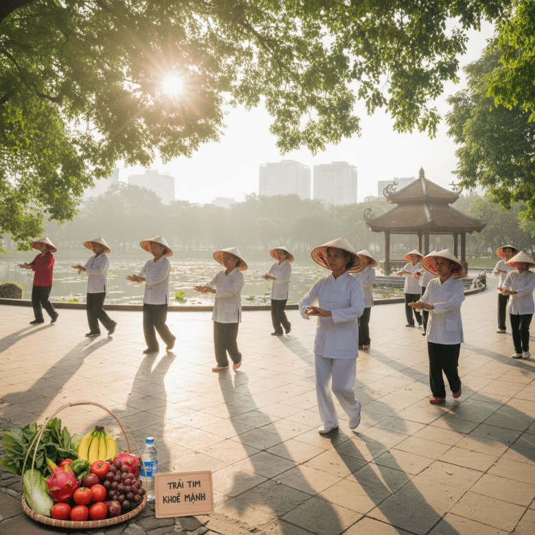 Người cao tuổi tập thể dục nhẹ nhàng ngoài trời và thực phẩm lành mạnh