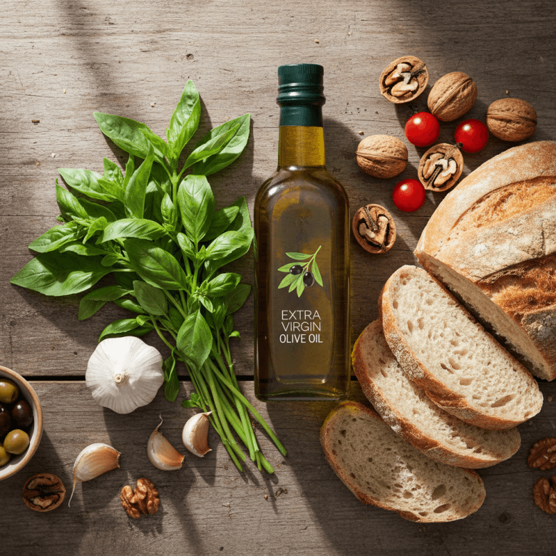 Bàn ăn với chai dầu ô liu nguyên chất, húng quế và các thực phẩm lành mạnh, biểu tượng cho chăm sóc tim từ thiên nhiên