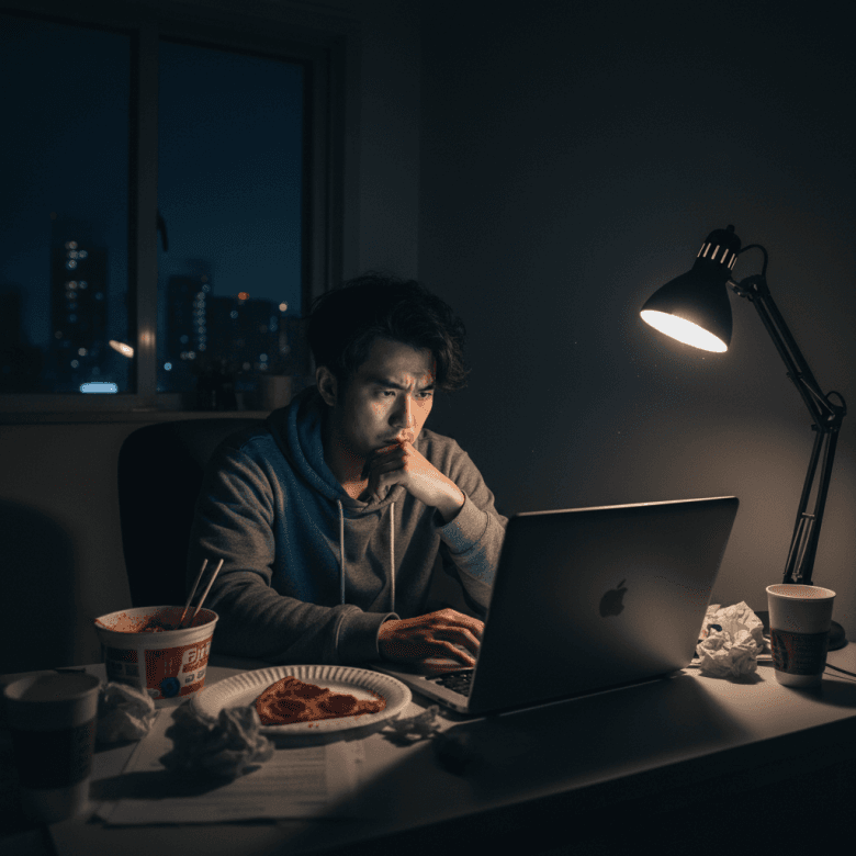 Một người trẻ tuổi đang làm việc muộn trên máy tính với đồ ăn nhanh không lành mạnh như mì gói hoặc pizza bên cạnh, thể hiện lối sống bận rộn và thói quen ăn khuya.