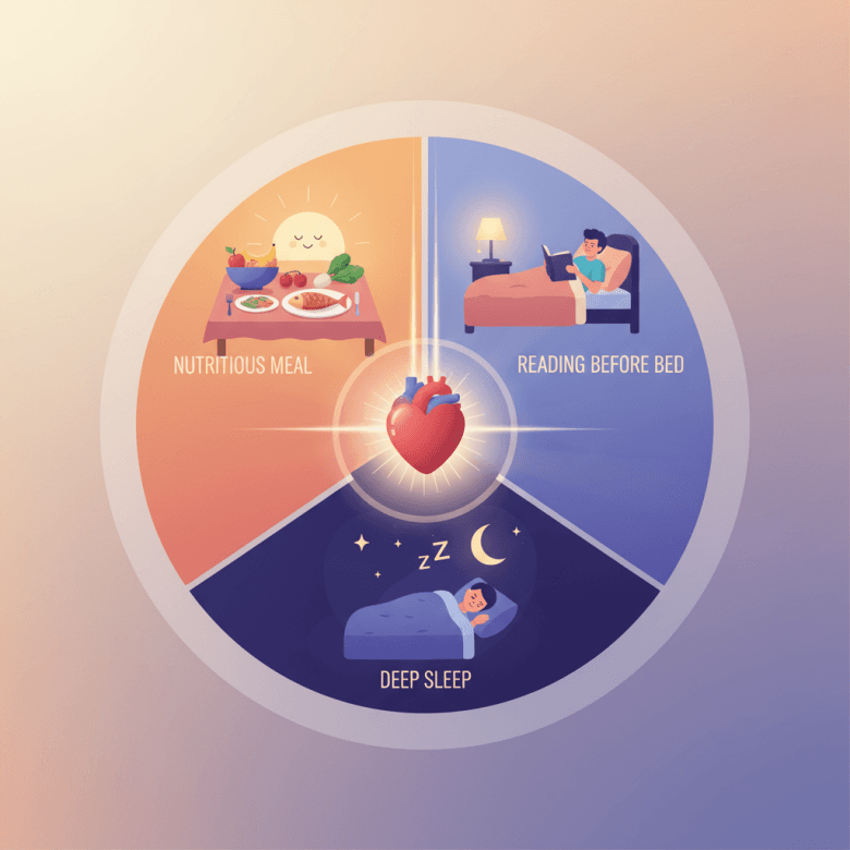 Hình ảnh minh họa đồng hồ sinh học với các hoạt động nghỉ ngơi và ăn uống được sắp xếp hợp lý, biểu tượng trái tim khỏe mạnh ở trung tâm.