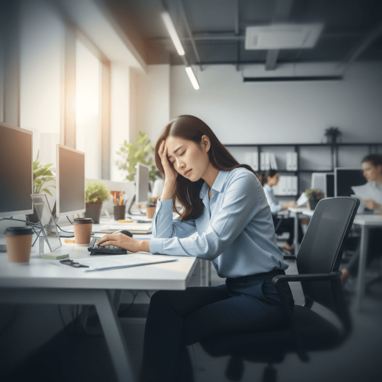 Người trẻ tuổi bị chóng mặt, tay ôm đầu khi đang làm việc tại văn phòng do tụt huyết áp