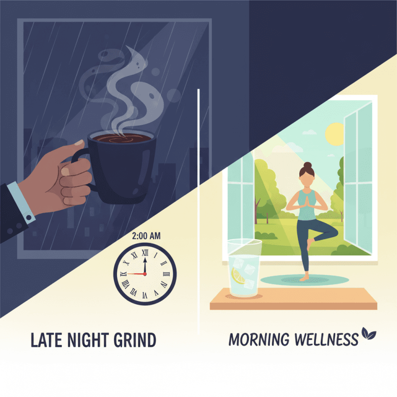 Hình minh họa so sánh thói quen xấu và tốt: một bên là cà phê và thức khuya, một bên là uống nước lọc và tập yoga nhẹ nhàng