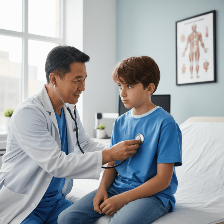 Bác sĩ tim mạch đang tư vấn và sử dụng ống nghe khám cho bệnh nhân trẻ tuổi, thể hiện sự quan tâm và chuyên nghiệp.