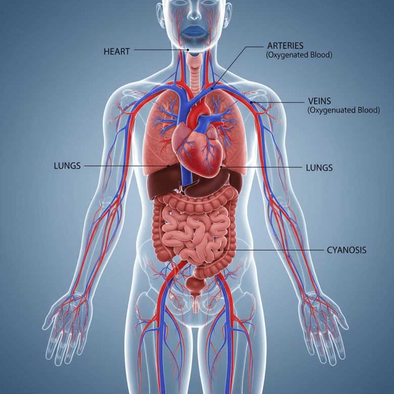 Minh họa y học: tim và tuần hoàn kèm vùng da tím ở môi, đầu ngón tay