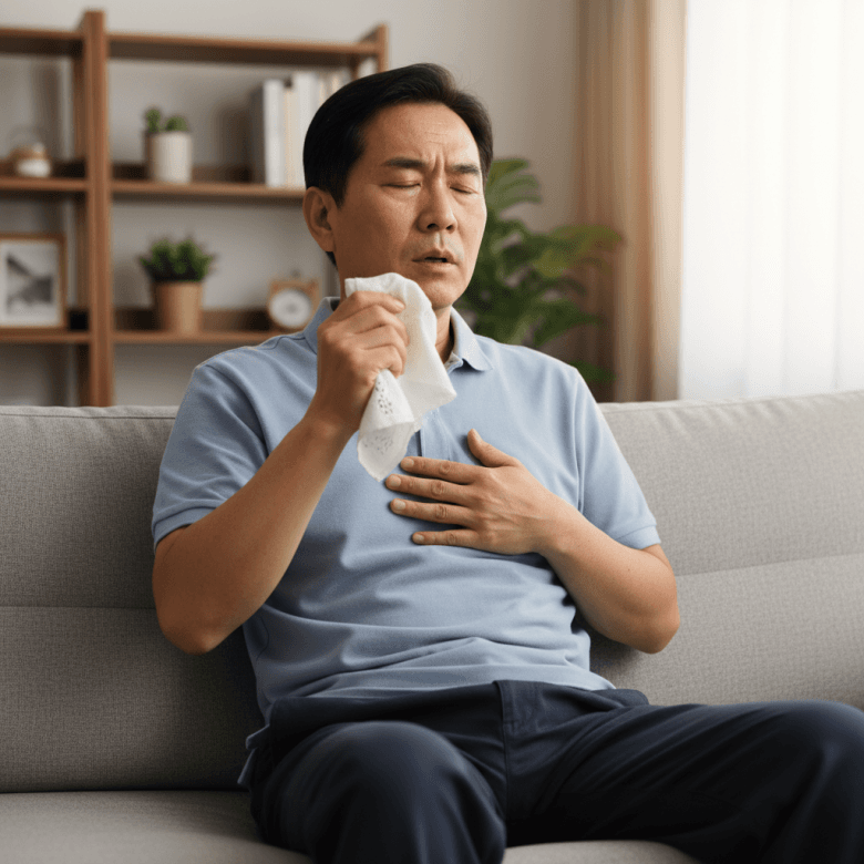 Người đàn ông lau mồ hôi lạnh trên trán, tay đặt nhẹ lên ngực, biểu hiện sự khó thở và mệt mỏi nhưng không đau dữ dội, minh họa cho nhồi máu cơ tim thầm lặng