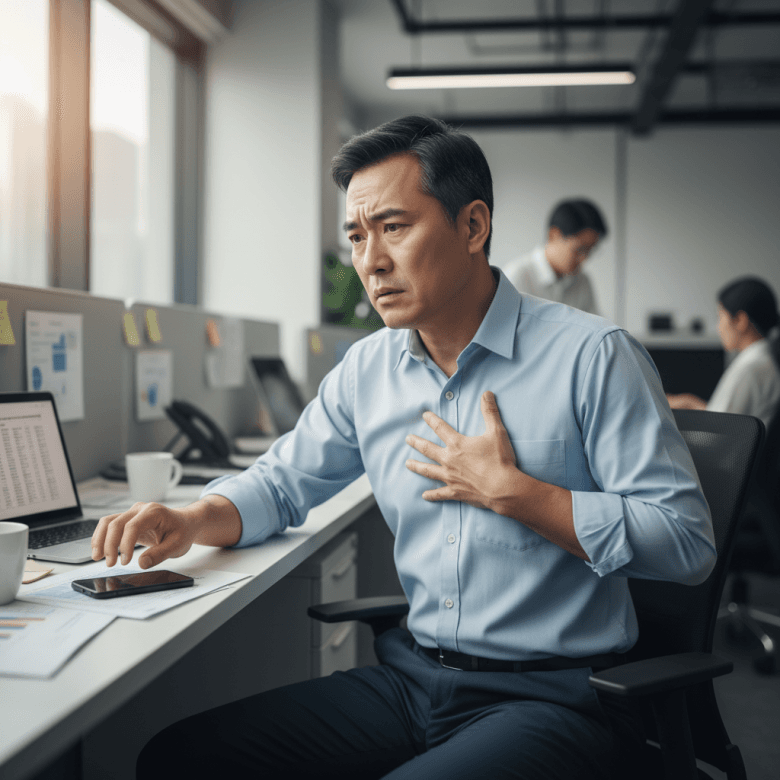 Người đàn ông trung niên ôm ngực với biểu cảm lo lắng, bối rối không biết là do stress hay đau tim, bối cảnh văn phòng.
