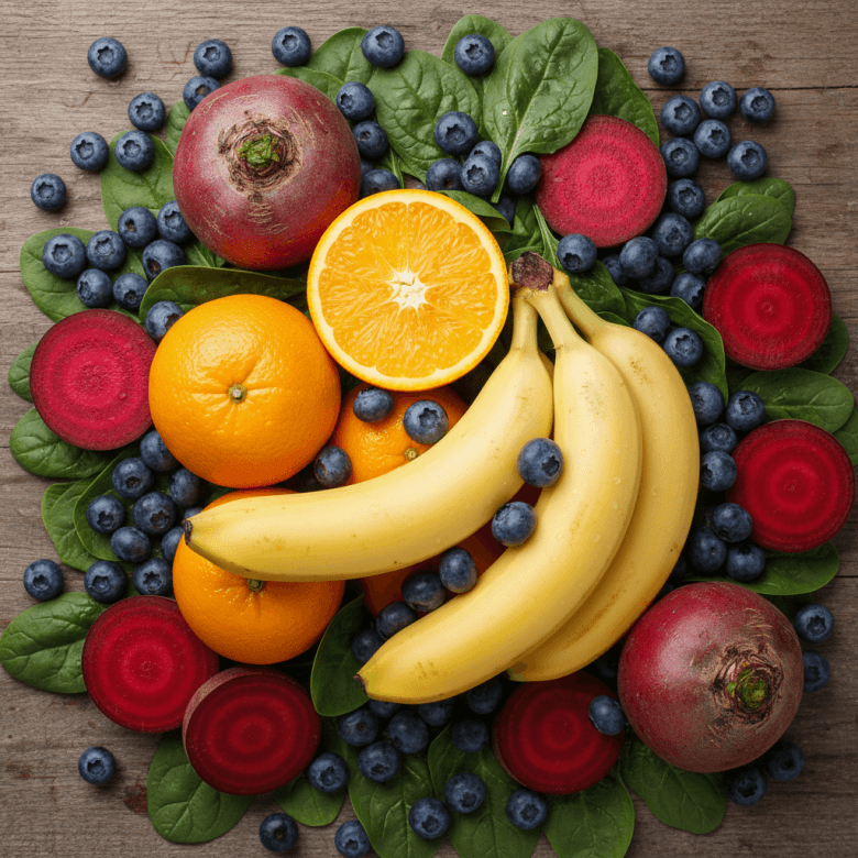 Trái cây và rau giàu kali: chuối, cam, việt quất, rau bina và củ cải đường