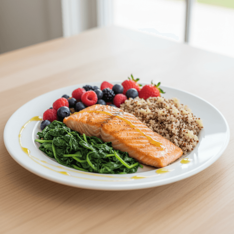 Đĩa thức ăn theo phong cách DASH: cá hồi nướng, rau cải xanh, quinoa và quả mọng
