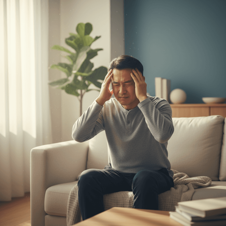 Người đàn ông trung niên đang ôm đầu với vẻ mặt hơi khó chịu, hình ảnh hơi mờ ảo thể hiện sự chóng mặt và đau đầu nhẹ, bối cảnh trong phòng khách gia đình vào buổi sáng.