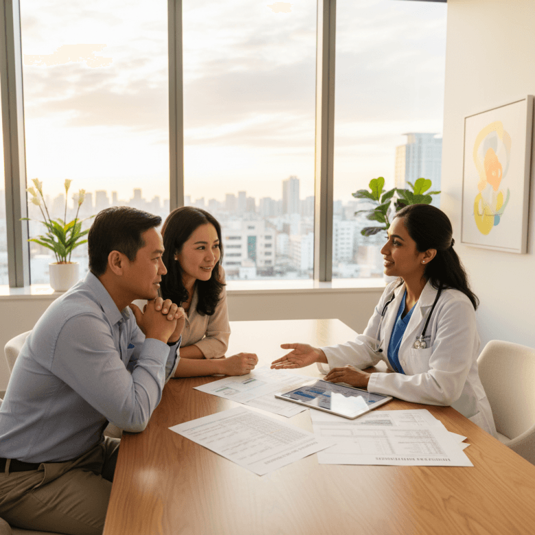 Bác sĩ giải thích bảng dự toán chi phí thủ thuật đặt stent cho bệnh nhân và gia đình