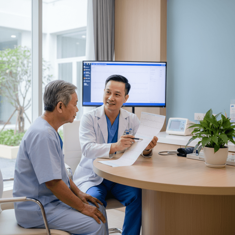 Bác sĩ tim mạch tư vấn cho bệnh nhân cao huyết áp, chỉ trên kết quả ECG.