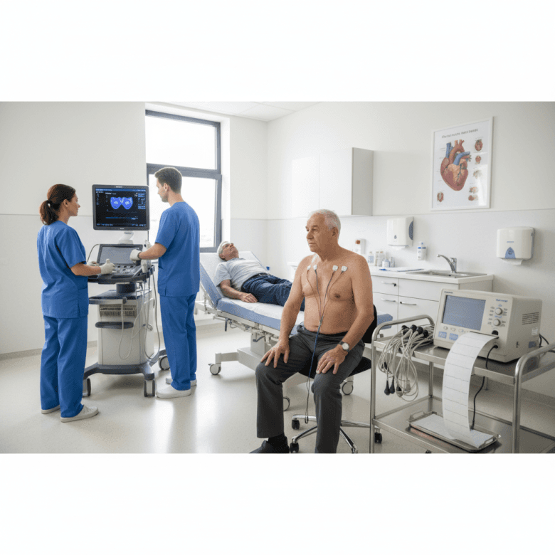 Các xét nghiệm tim mạch thường gặp: siêu âm tim, Holter, ECG trong phòng khám.