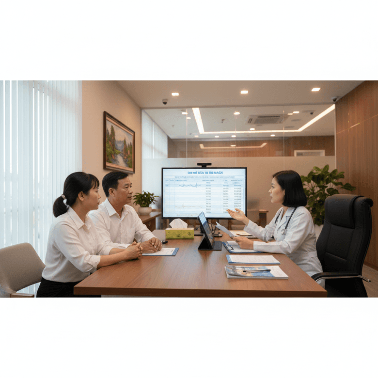 Bác sĩ tim mạch tư vấn chi phí đặt stent cho bệnh nhân và người nhà ở phòng khám