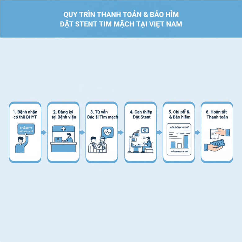 Infographic quá trình đặt stent và mức BHYT chi trả, phần được bảo hiểm và phần phải chi trả.