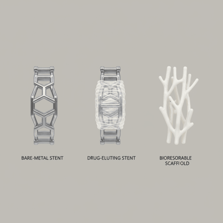 Minh họa ba loại stent: kim loại trần, phủ thuốc và tự tiêu.