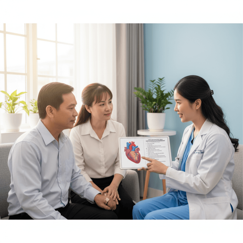 Bác sĩ giải thích cho bệnh nhân về thủ thuật đặt stent và dự toán chi phí.