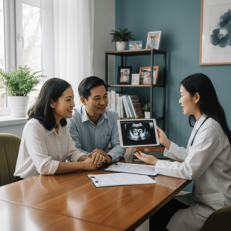 Bác sĩ giải thích kết quả xét nghiệm và siêu âm tim cho bệnh nhân và người nhà