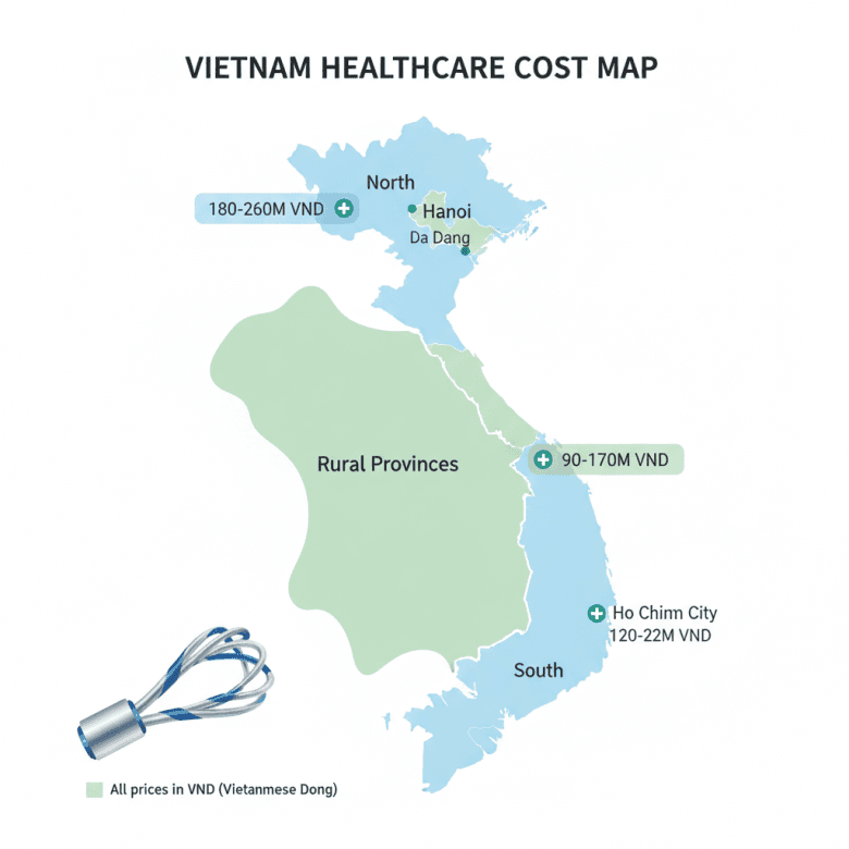 Bản đồ Việt Nam minh họa so sánh khoảng giá đặt stent mạch vành theo vùng miền (Hà Nội, Đà Nẵng, TP.HCM, tỉnh) với các mốc giá.