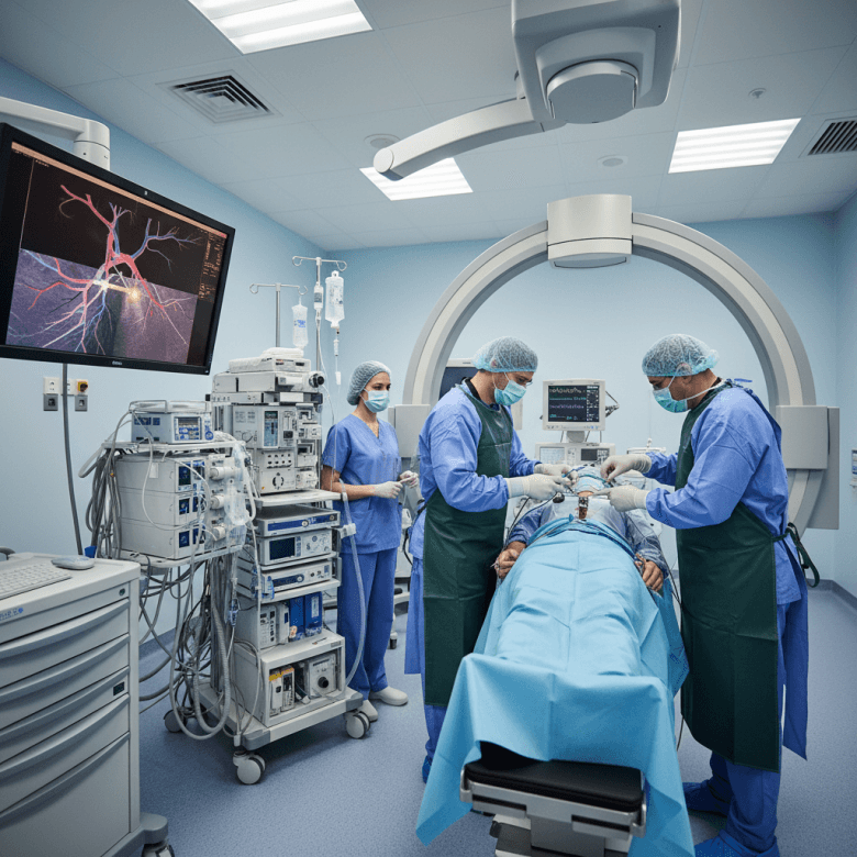 Phòng can thiệp tim mạch (cath lab) với bác sĩ đang thực hiện đặt stent mạch vành, màn hình chụp mạch hiển thị hình ảnh.