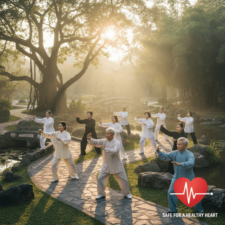 Hình minh họa người cao tuổi tập dưỡng sinh hoặc thái cực quyền ngoài trời, động tác chậm rãi, thư thái, biểu tượng cho sự an toàn tim mạch.