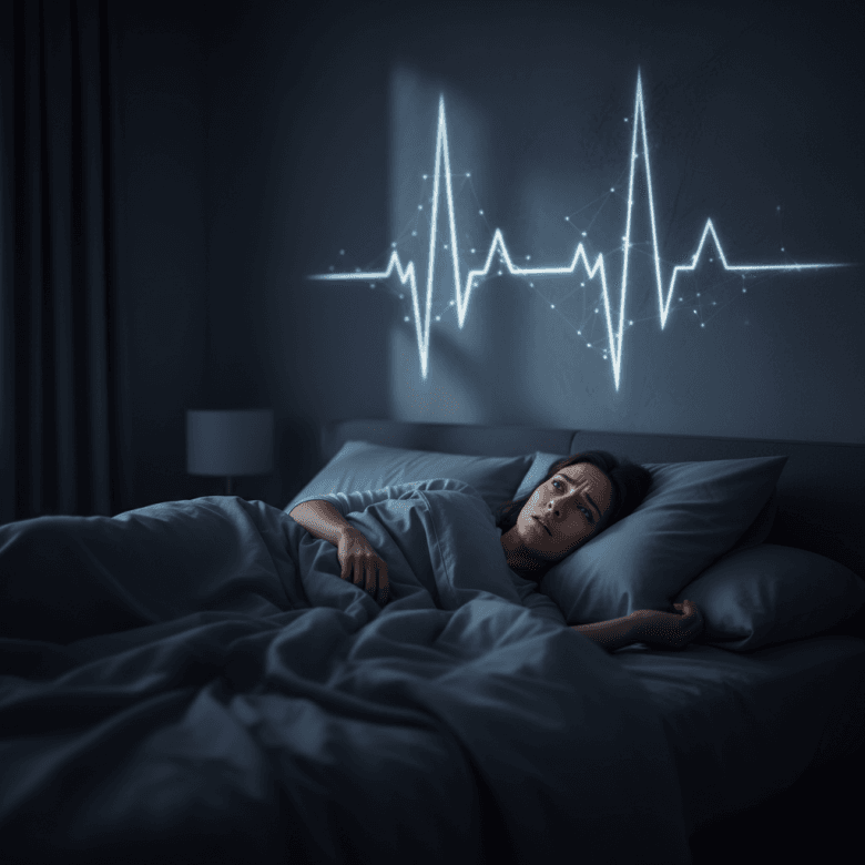 Người phụ nữ nằm trên giường vào ban đêm, mắt mở thao thức nhìn trần nhà, hình ảnh minh họa nhịp tim rối loạn mờ ảo phía sau thể hiện sự lo âu.