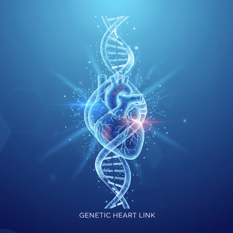 Minh họa cấu trúc chuỗi xoắn kép DNA kết nối với hình ảnh trái tim cách điệu, thể hiện mối liên hệ di truyền bệnh tim