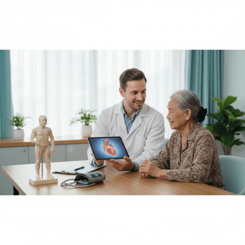 Bác sĩ đang tư vấn ân cần cho bệnh nhân lớn tuổi tại phòng khám bệnh viện, trên bàn có cả máy đo huyết áp điện tử và mô hình huyệt đạo, thể hiện sự chăm sóc toàn diện.