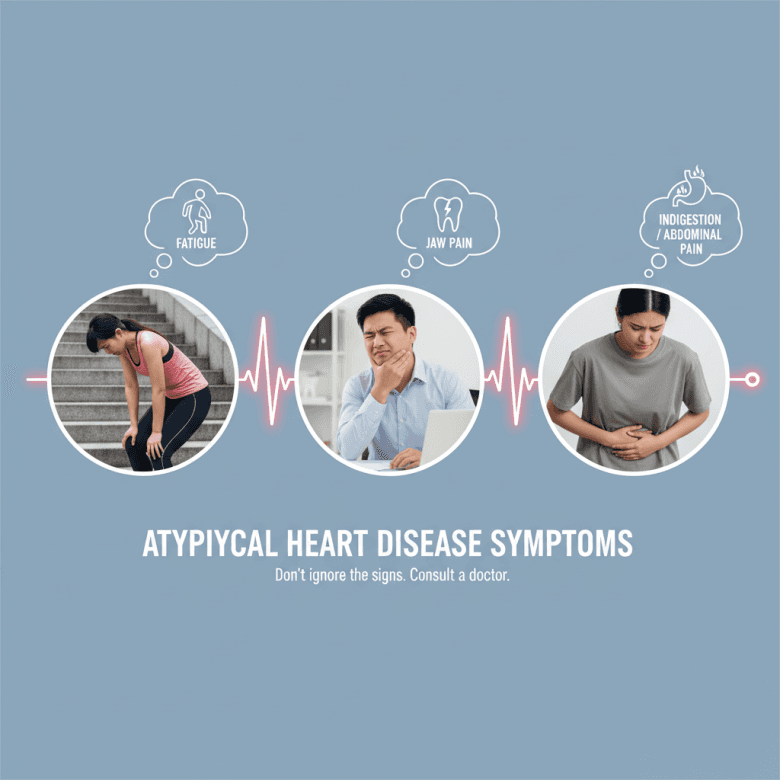 Hình ảnh so sánh các triệu chứng không điển hình của bệnh tim: một người phụ nữ cảm thấy mệt mỏi khi leo cầu thang, một người đàn ông xoa vùng hàm bị đau, và một người khác ôm bụng vì khó tiêu.