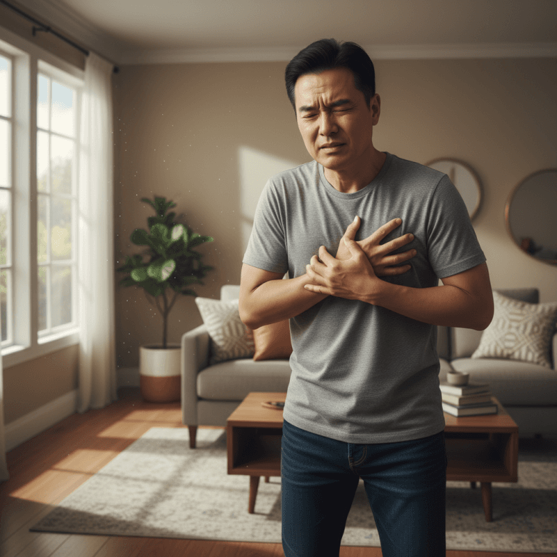 Người đàn ông trung niên ôm ngực trái với biểu cảm đau đớn nhẹ, thể hiện dấu hiệu đau thắt ngực tại nhà