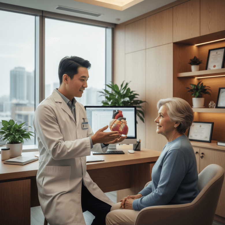 Bác sĩ tim mạch đang ân cần giải thích mô hình tim cho bệnh nhân lớn tuổi tại phòng khám