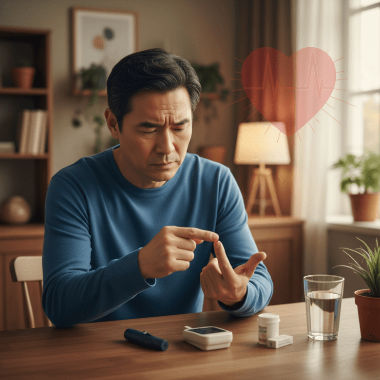 Hình minh họa người trung niên châu Á bị tiểu đường đang kiểm tra đường huyết với vẻ mặt lo lắng, hậu cảnh có bóng mờ hình trái tim biểu thị nguy cơ tiềm ẩn