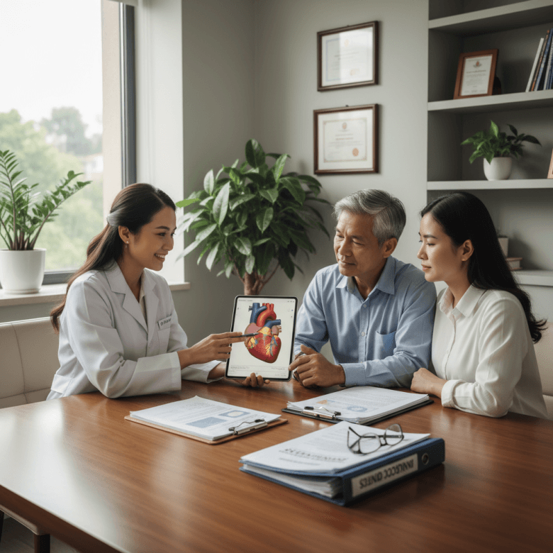 Bác sĩ tim mạch tư vấn người bệnh về lựa chọn stent và thủ tục bảo hiểm.