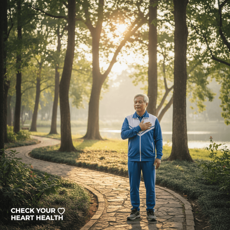 Hình minh họa người cao tuổi đặt tay lên ngực kiểm tra nhịp tim khi đang đi bộ trong công viên, thể hiện sự lắng nghe cơ thể, phong cách y tế nhẹ nhàng.